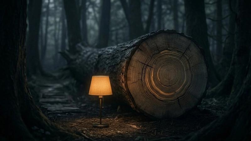 A glowing lamp beside a fallen tree trunk in a dark forest. The lamp casts warm light on the bark, creating a mysterious, serene atmosphere.