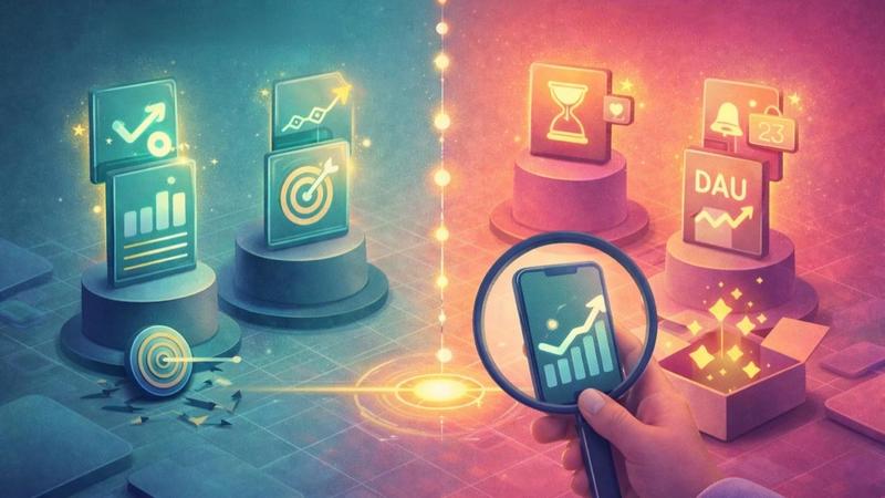 “Split illustration comparing meaningful outcome metrics with vanity engagement metrics, showing targets and growth charts on one side and DAU and notifications under a magnifying glass on the other.”