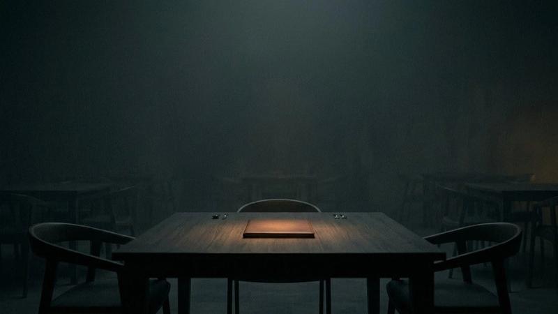 Dimly lit, empty dining room with a wooden table and chairs. A closed menu on the table, creating a mysterious, somber mood.