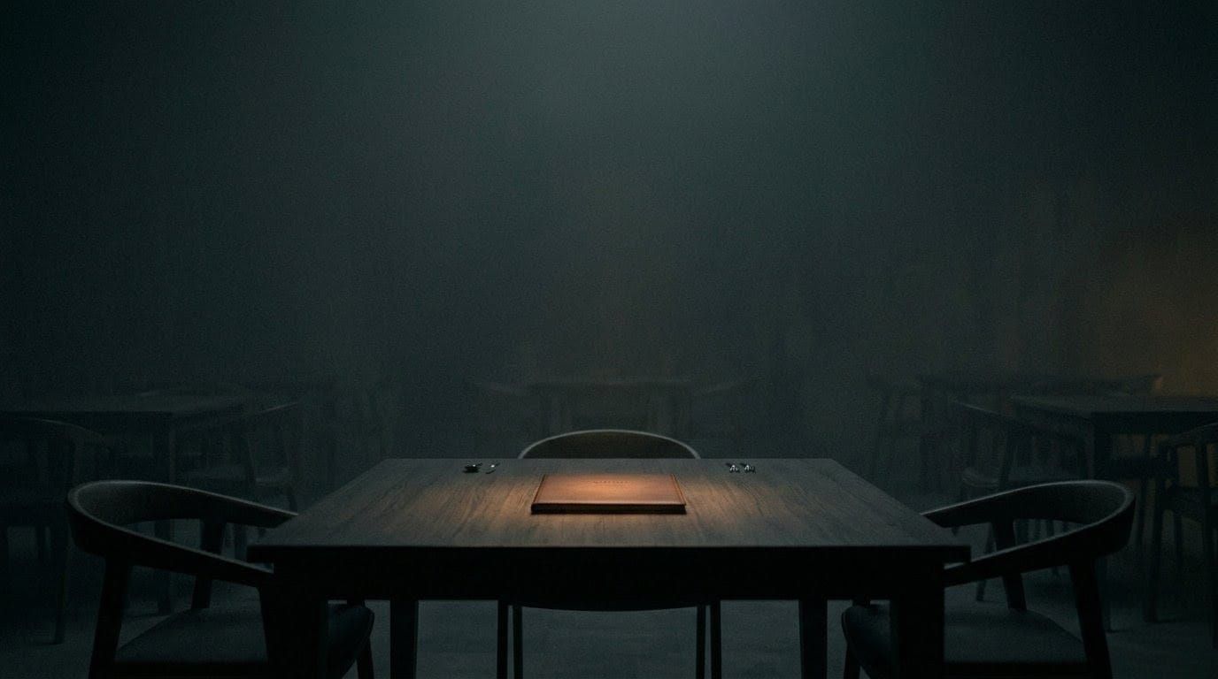 Dimly lit, empty dining room with a wooden table and chairs. A closed menu on the table, creating a mysterious, somber mood.