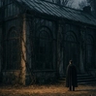 A dark, minimalist scene showing a glowing, arched doorway with a shadowy figure standing inside, partially reflected on a glossy floor, creating a mysterious and atmospheric mood.