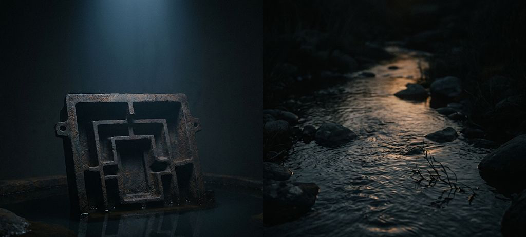 A dark, minimalist scene showing a glowing, arched doorway with a shadowy figure standing inside, partially reflected on a glossy floor, creating a mysterious and atmospheric mood.