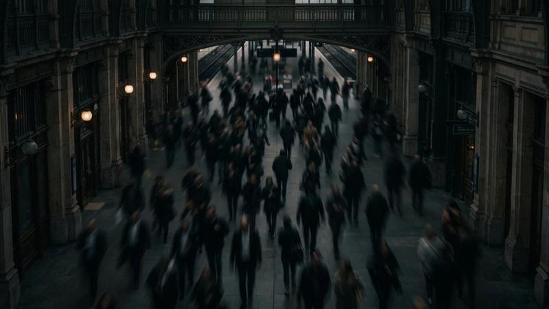 Blurred crowd moving through a dimly lit train station with arched architecture. Warm lights line the walls. Busy, hurried atmosphere.