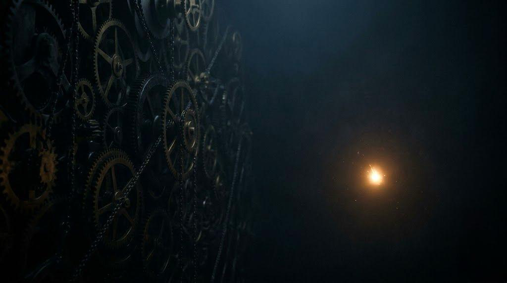 Dark cinematic scene featuring large metallic gears and machinery fading into shadows on the left side, with a small glowing spark of light floating in the empty dark space on the right, creating a mysterious and industrial atmosphere.