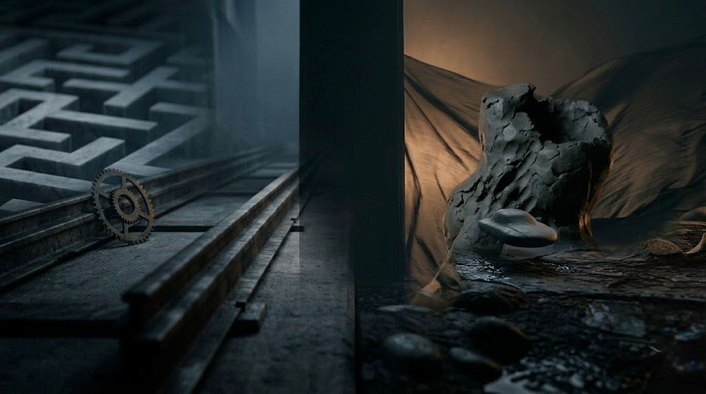 A dark, minimalist scene showing a glowing, arched doorway with a shadowy figure standing inside, partially reflected on a glossy floor, creating a mysterious and atmospheric mood.