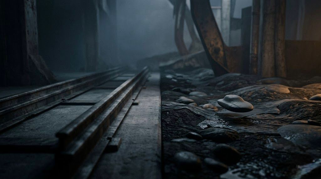 A dark, minimalist scene showing a glowing, arched doorway with a shadowy figure standing inside, partially reflected on a glossy floor, creating a mysterious and atmospheric mood.