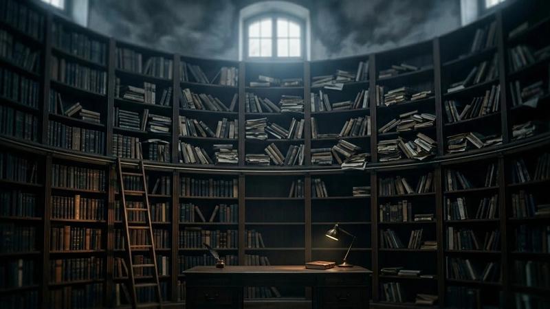 Dimly lit library with tall, curved bookshelves filled with old books. A desk with a lamp and open book sits in the foreground.