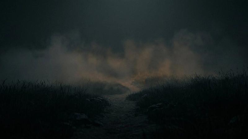 Misty path through dark grass fields, illuminated by dim light, creates a mysterious and eerie atmosphere.