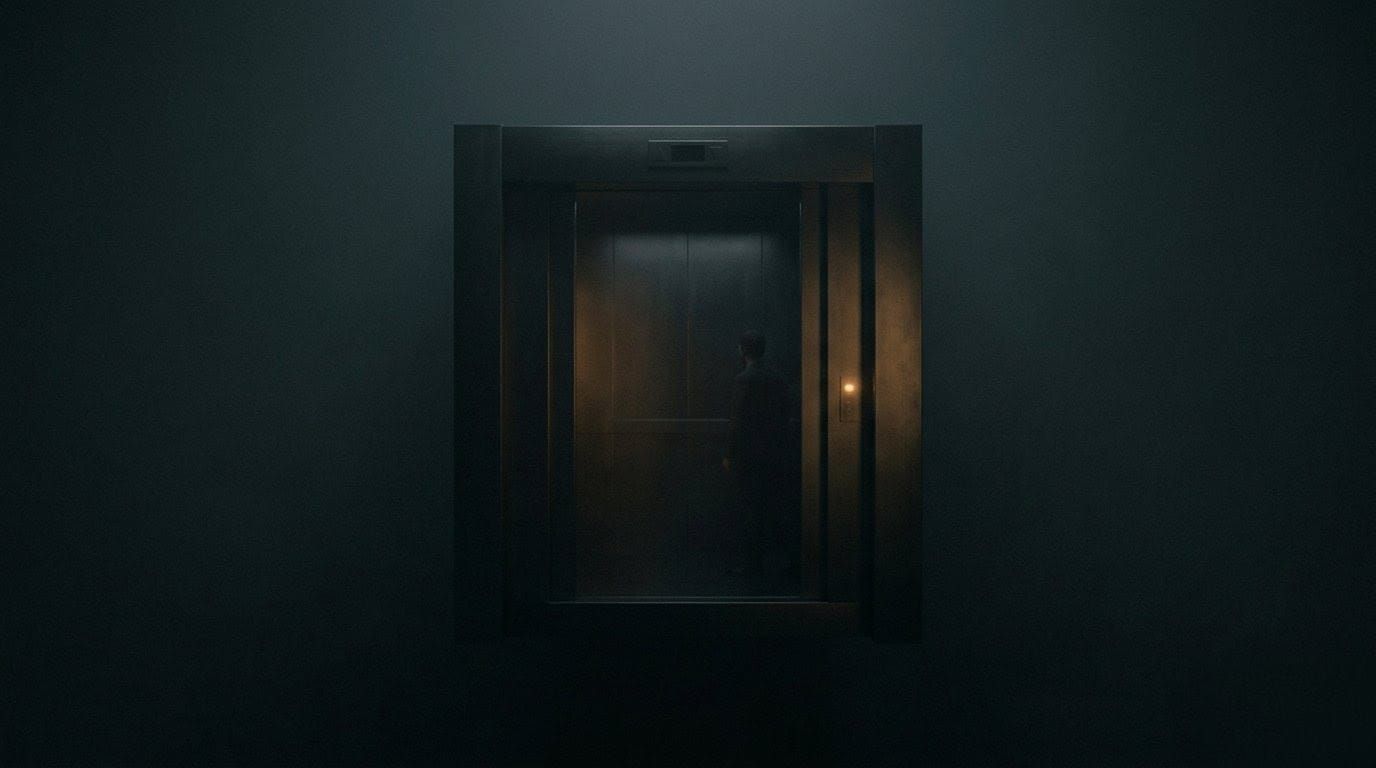 A man stands in a dimly lit elevator with closed doors. A subtle orange glow highlights muted gray walls, creating a mysterious atmosphere.