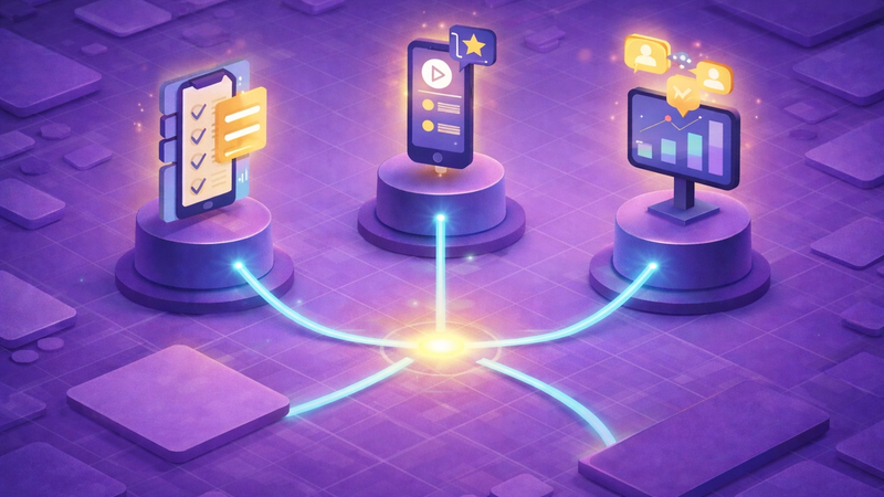 “Abstract illustration of connected mobile app engagement pillars, showing task completion, feature activation, and user insights linked through a central hub.”