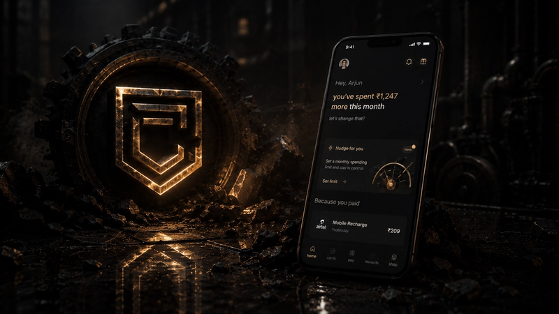 Dark cinematic fintech app interface displayed on a smartphone beside a glowing metallic emblem in an industrial sci-fi environment, featuring personalized spending insights, financial nudges, and premium black-and-gold UI aesthetics.