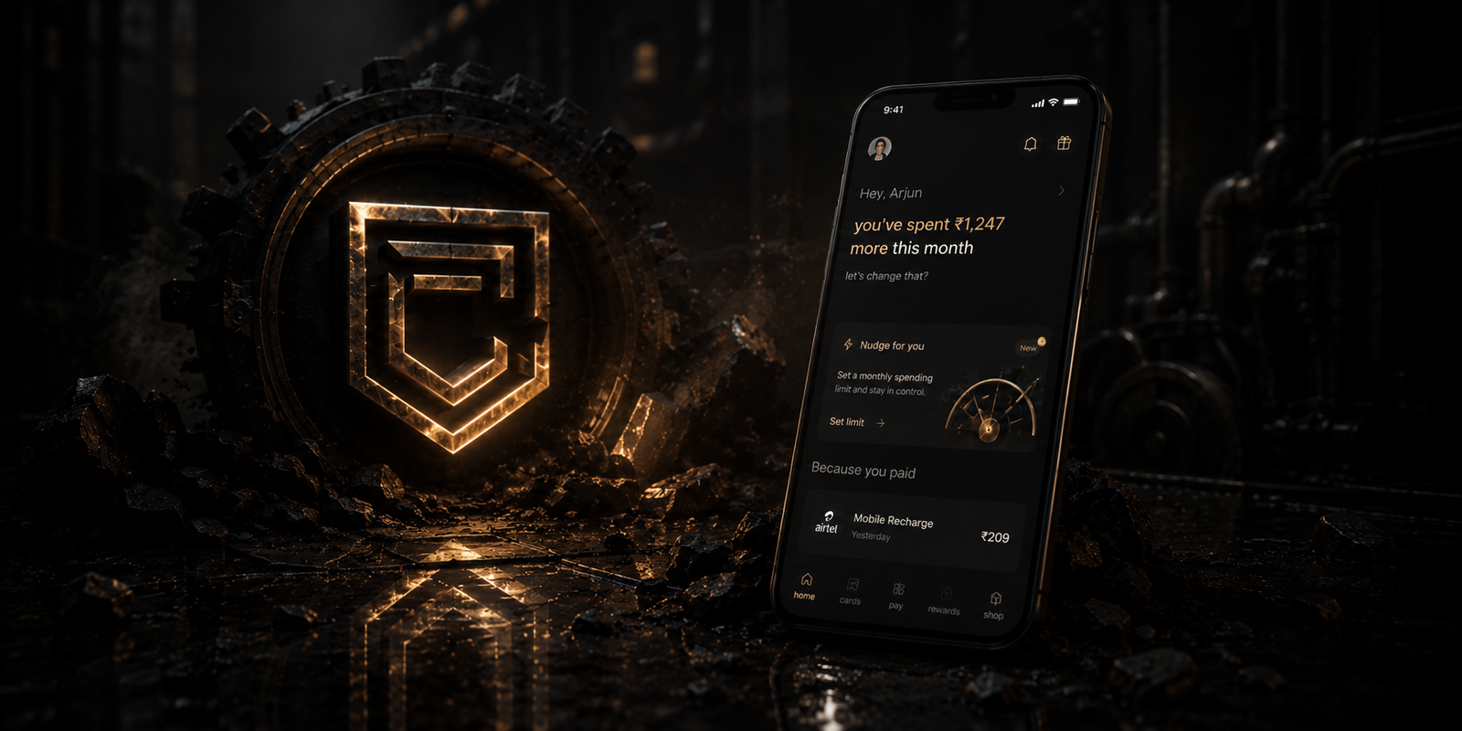 Dark cinematic fintech app interface displayed on a smartphone beside a glowing metallic emblem in an industrial sci-fi environment, featuring personalized spending insights, financial nudges, and premium black-and-gold UI aesthetics.
