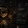 Dark cinematic fintech app interface displayed on a smartphone beside a glowing metallic emblem in an industrial sci-fi environment, featuring personalized spending insights, financial nudges, and premium black-and-gold UI aesthetics.