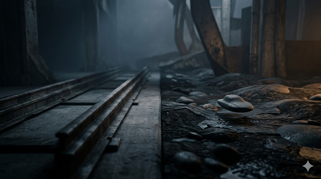 A dark, minimalist scene showing a glowing, arched doorway with a shadowy figure standing inside, partially reflected on a glossy floor, creating a mysterious and atmospheric mood.