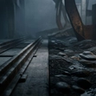 A dark, minimalist scene showing a glowing, arched doorway with a shadowy figure standing inside, partially reflected on a glossy floor, creating a mysterious and atmospheric mood.