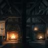 Cozy medieval tavern interior with wooden beams, candlelit tables, handwritten menu scrolls, and a warm fireplace creating a rustic and atmospheric setting.