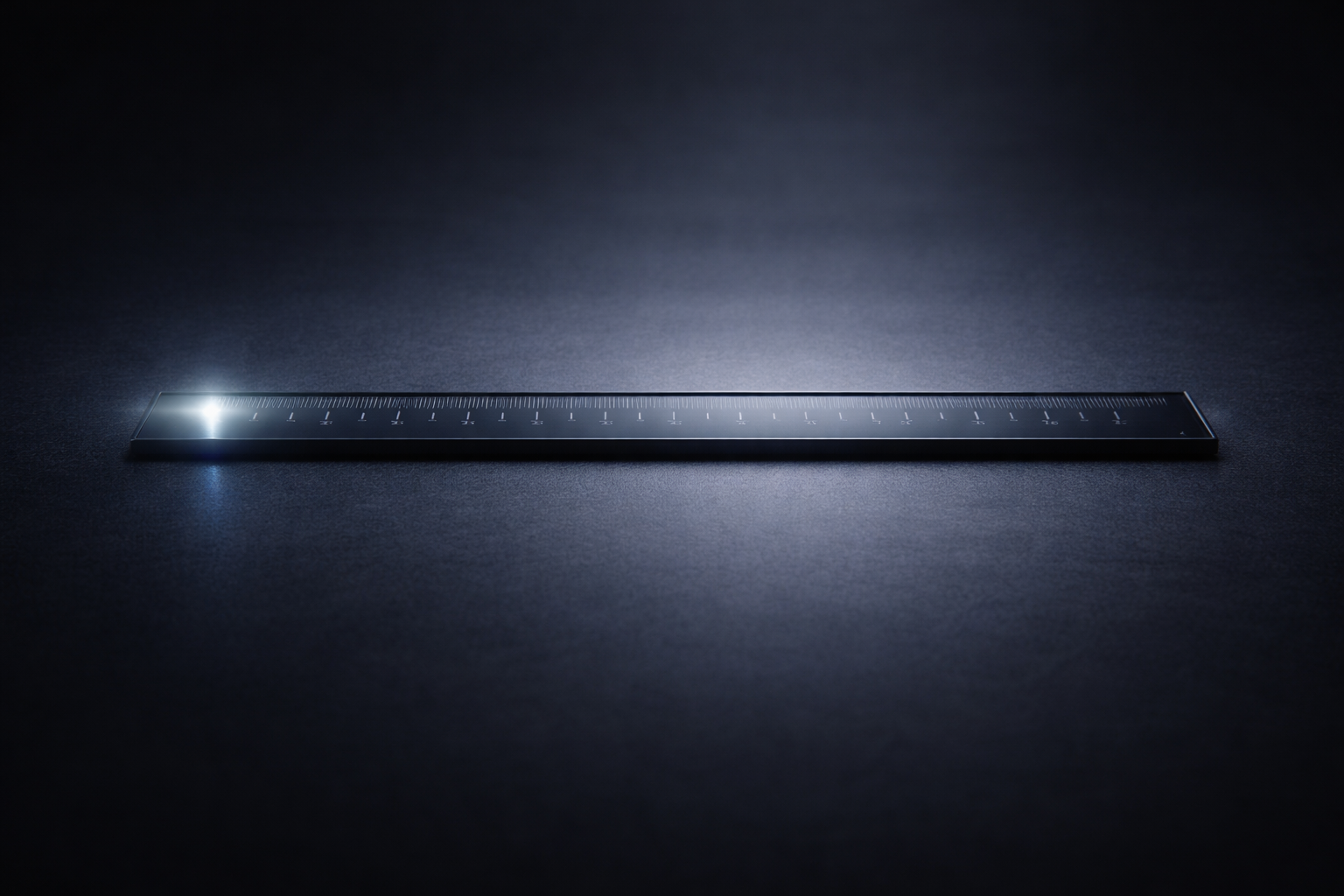 A sleek, dark metal ruler lies horizontally on a textured surface under soft, dramatic lighting, with a bright light source glowing near the left edge and measurement markings faintly visible along its length.