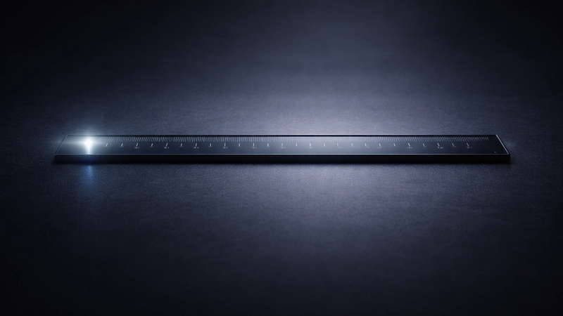 A sleek, dark metal ruler lies horizontally on a textured surface under soft, dramatic lighting, with a bright light source glowing near the left edge and measurement markings faintly visible along its length.