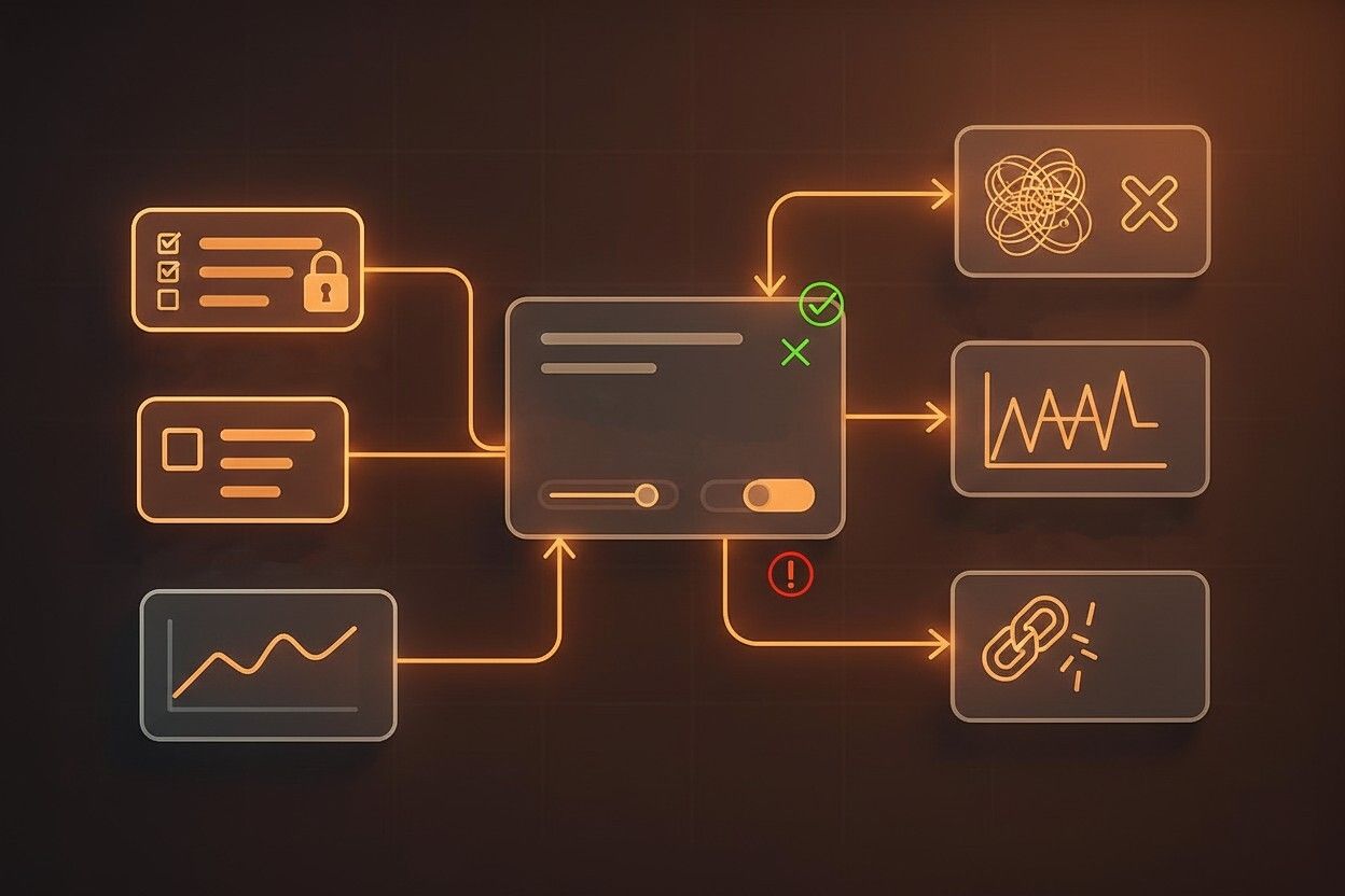 “Diagram illustrating a fintech engagement flow, showing a central decision module connected to verification, security, analytics, error states, and successful outcomes, with indicators for approvals, failures, and retries.”