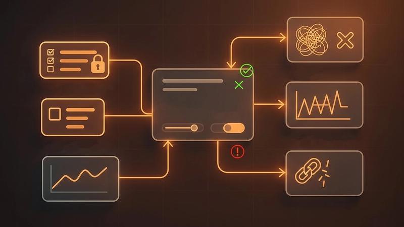 “Diagram illustrating a fintech engagement flow, showing a central decision module connected to verification, security, analytics, error states, and successful outcomes, with indicators for approvals, failures, and retries.”
