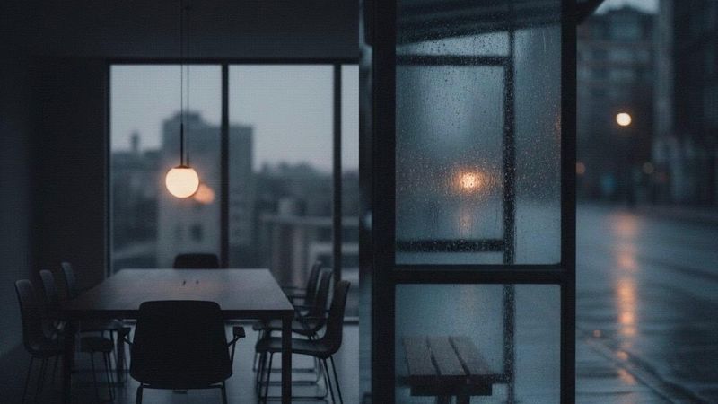 Dimly lit room with a long table and chairs under a hanging light, adjacent to a rainy bus stop with wet glass, evoking a somber mood.