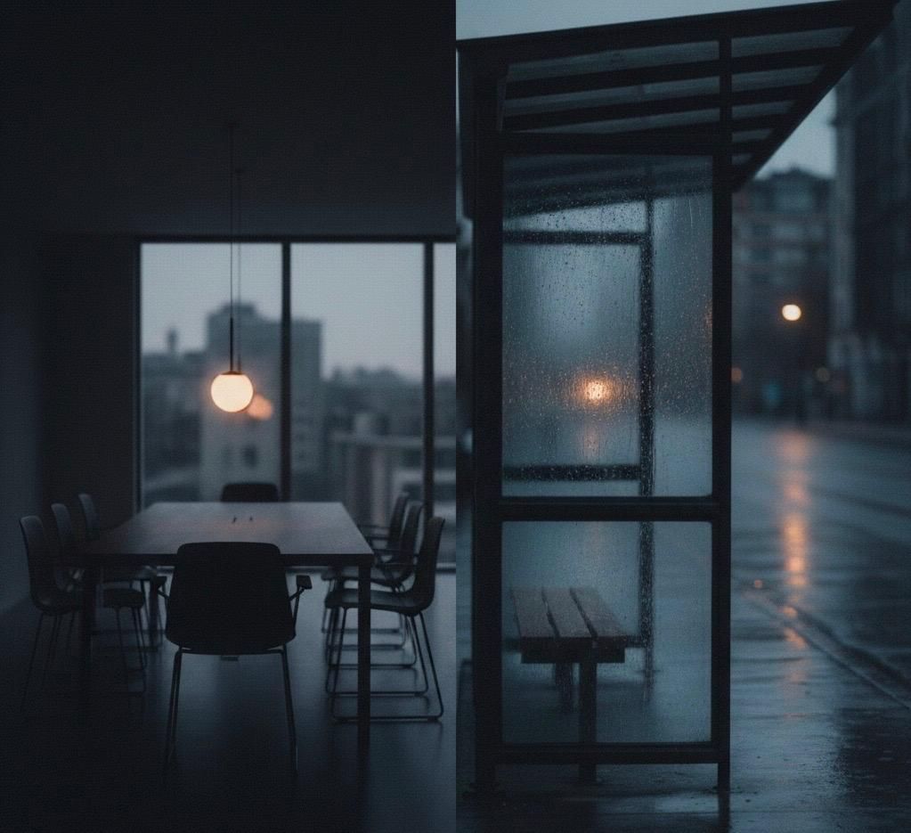 Dimly lit room with a long table and chairs under a hanging light, adjacent to a rainy bus stop with wet glass, evoking a somber mood.