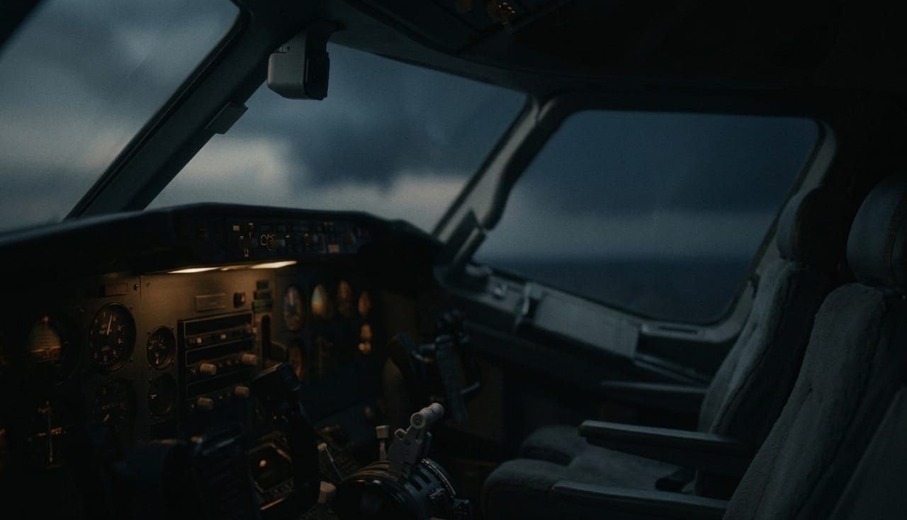 Dimly lit airplane cockpit at dusk, showing instruments and empty seats. Dark clouds visible through windows, creating a moody atmosphere.
