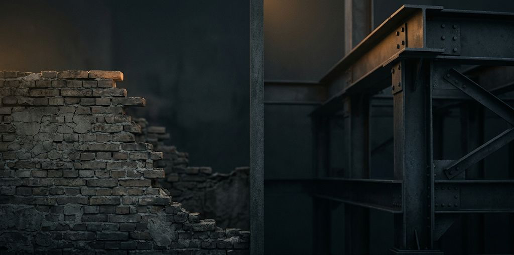 A dark, minimalist scene showing a glowing, arched doorway with a shadowy figure standing inside, partially reflected on a glossy floor, creating a mysterious and atmospheric mood.