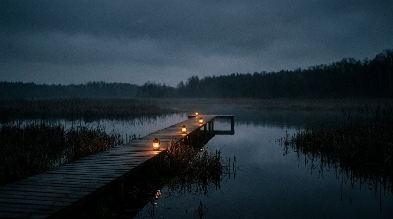 Wooden pier over a misty lake at dusk, adorned with glowing lanterns. Calm water reflects the moody, overcast sky and silhouettes of trees.