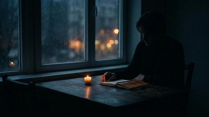 A person reads a book by candlelight at a wooden table. Rainy window backdrop with soft city lights. Moody, dim atmosphere.