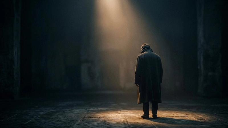 Dark cinematic scene of a lone man standing under a narrow beam of light inside a vast shadowy hall, creating a moody and introspective atmosphere.