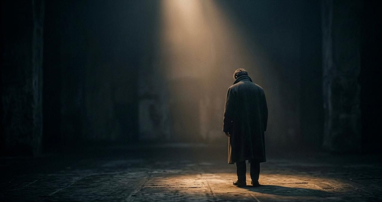 Dark cinematic scene of a lone man standing under a narrow beam of light inside a vast shadowy hall, creating a moody and introspective atmosphere.
