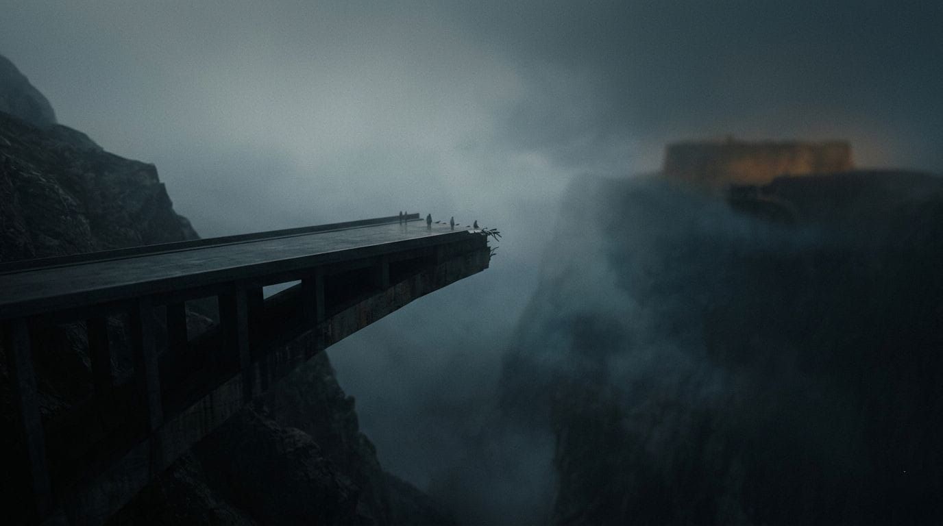 A broken bridge juts into foggy abyss; birds perch on the edge. A fortress looms distantly through the mist, creating a mysterious mood.