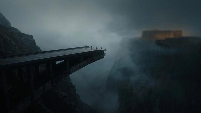 A broken bridge juts into foggy abyss; birds perch on the edge. A fortress looms distantly through the mist, creating a mysterious mood.