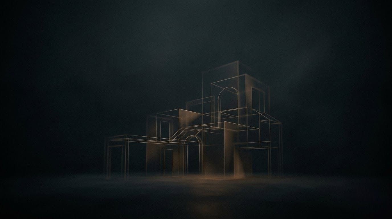 Geometric wireframe structures glow softly in a dark, misty setting, creating a mysterious and ethereal atmosphere.