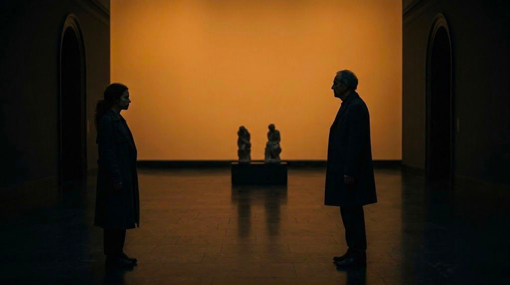A dark, minimalist scene showing a glowing, arched doorway with a shadowy figure standing inside, partially reflected on a glossy floor, creating a mysterious and atmospheric mood.
