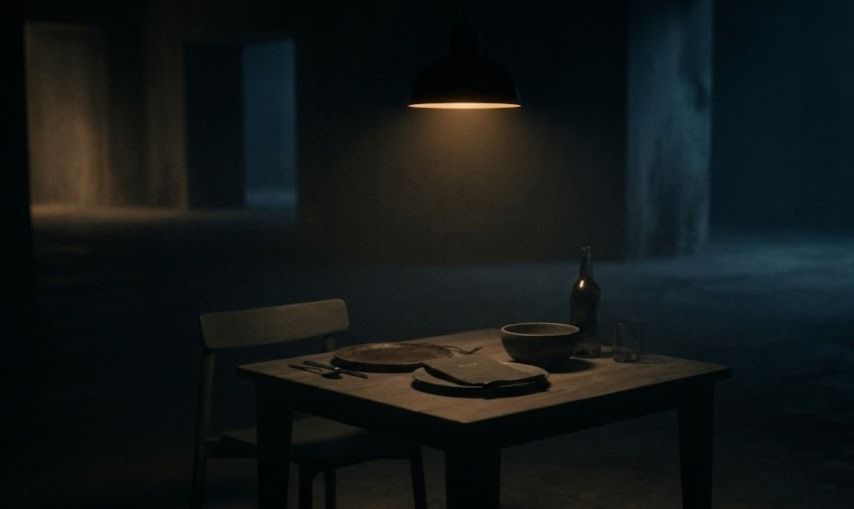 A single dark minimalist pendant lamp hangs directly over a solitary wooden table, casting a soft, dim pool of warm amber light over an empty plate, bowl, glass, and a folded menu. The surrounding environment is enveloped in heavy, desaturated shadows of deep charcoal and midnight blue, suggesting a vast, quiet, and slightly melancholic space. The image has a rich film grain texture and a soft-focus lens effect, evoking a restrained and contemplative atmosphere without any modern technology.