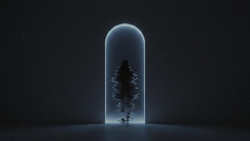 A dark, minimalist scene showing a glowing, arched doorway with a shadowy figure standing inside, partially reflected on a glossy floor, creating a mysterious and atmospheric mood.
