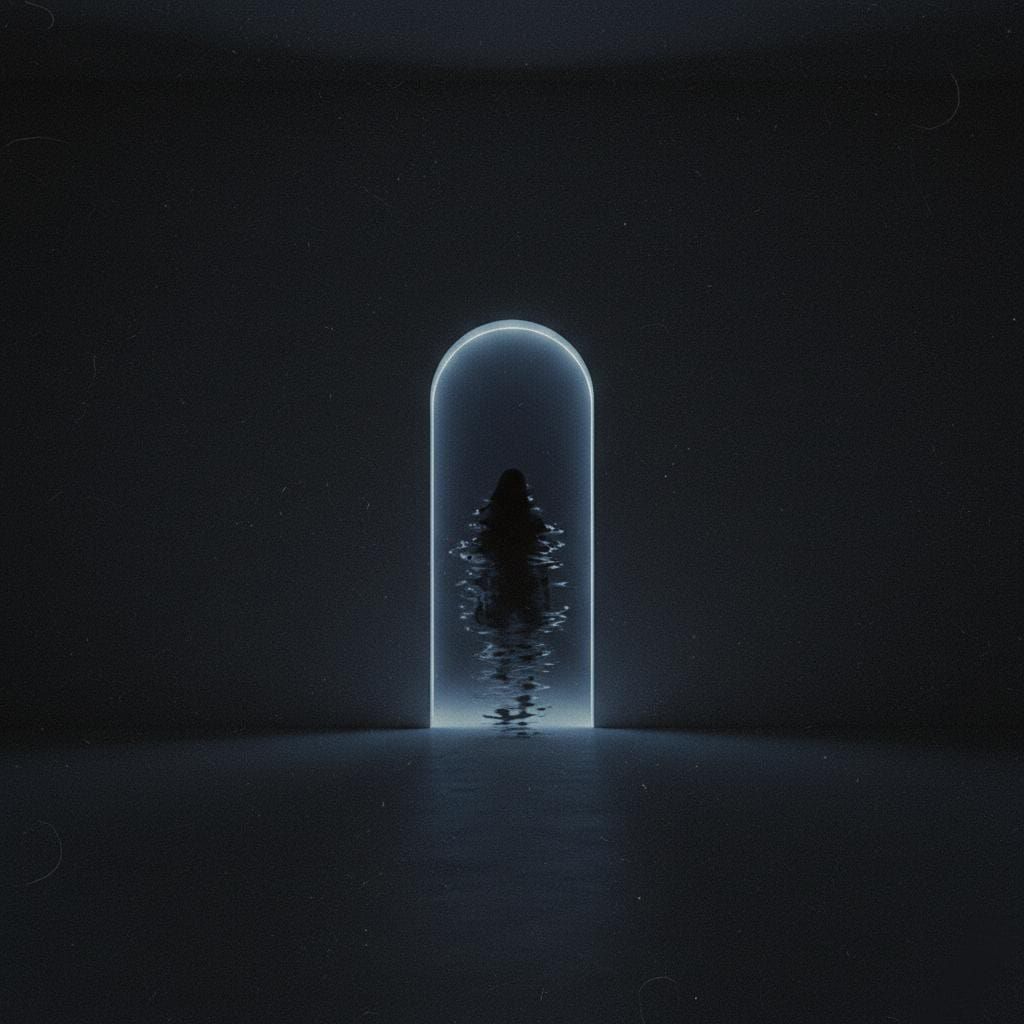 A dark, minimalist scene showing a glowing, arched doorway with a shadowy figure standing inside, partially reflected on a glossy floor, creating a mysterious and atmospheric mood.