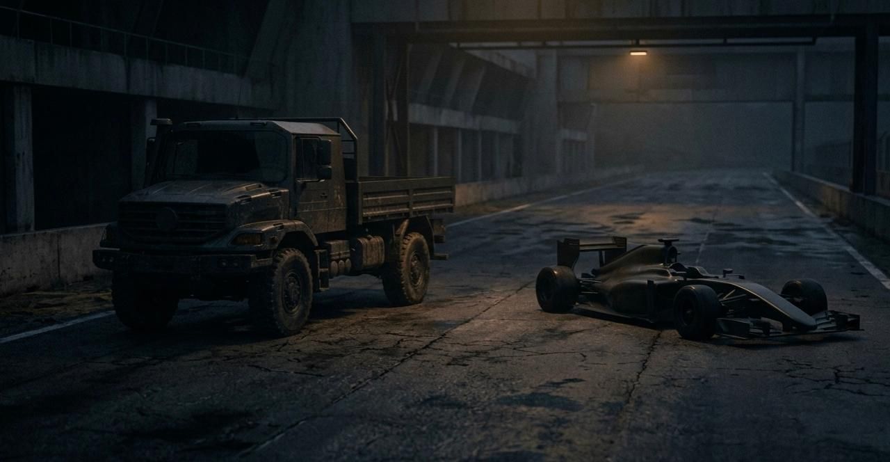 Heavy truck vs Formula race car illustrating speed vs flexibility tradeoff in mobile testing frameworks