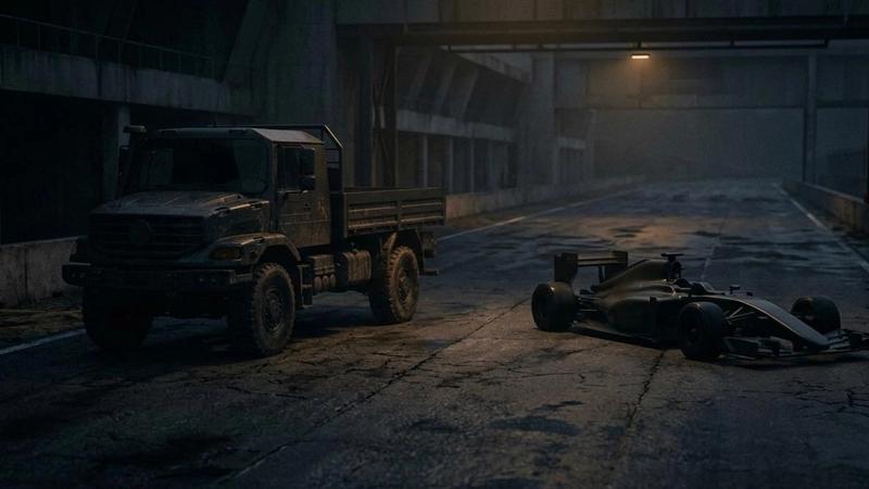 Heavy truck vs Formula race car illustrating speed vs flexibility tradeoff in mobile testing frameworks