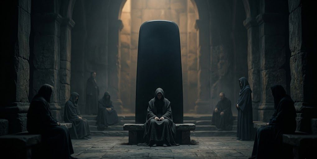 A dark, minimalist scene showing a glowing, arched doorway with a shadowy figure standing inside, partially reflected on a glossy floor, creating a mysterious and atmospheric mood.