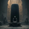 A dark, minimalist scene showing a glowing, arched doorway with a shadowy figure standing inside, partially reflected on a glossy floor, creating a mysterious and atmospheric mood.