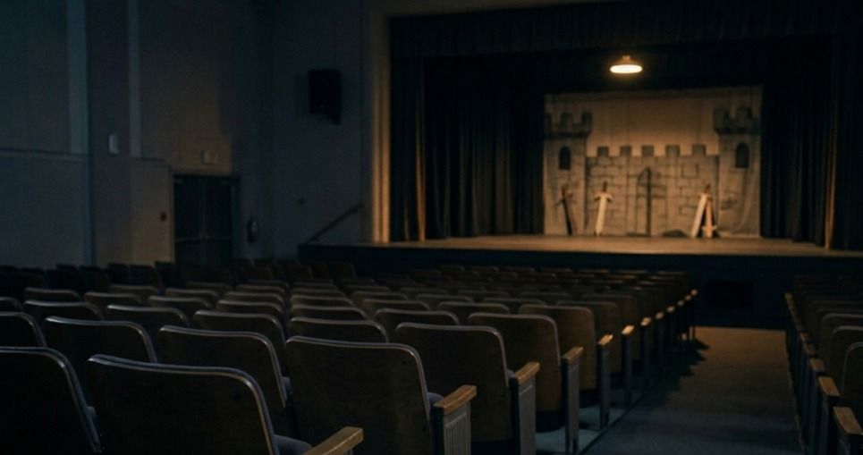 Empty auditorium with rows of seats facing a small stage set designed like a castle, illuminated by warm overhead lighting.