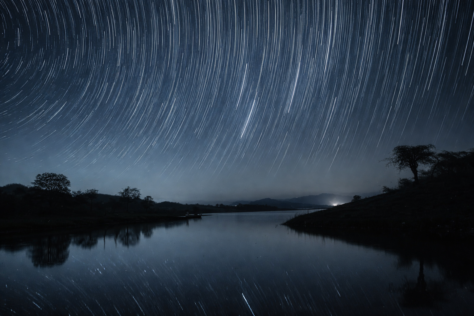Long-exposure star trails arc across a deep blue night sky above a calm lake, with dark silhouettes of trees and hills reflecting softly in the water.