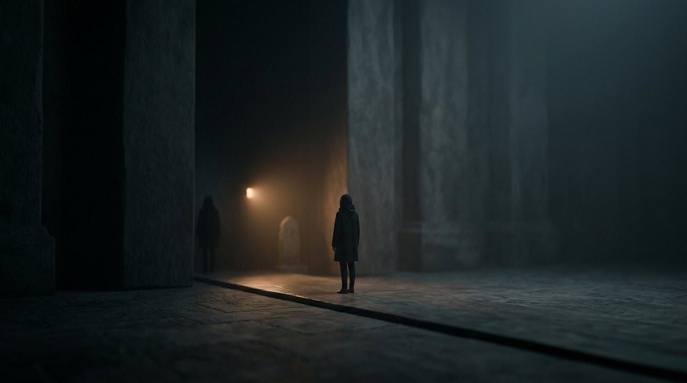 A solitary figure stands in a dim, shadowy hall with tall pillars. Soft light glows in the background, creating a mysterious, eerie mood.