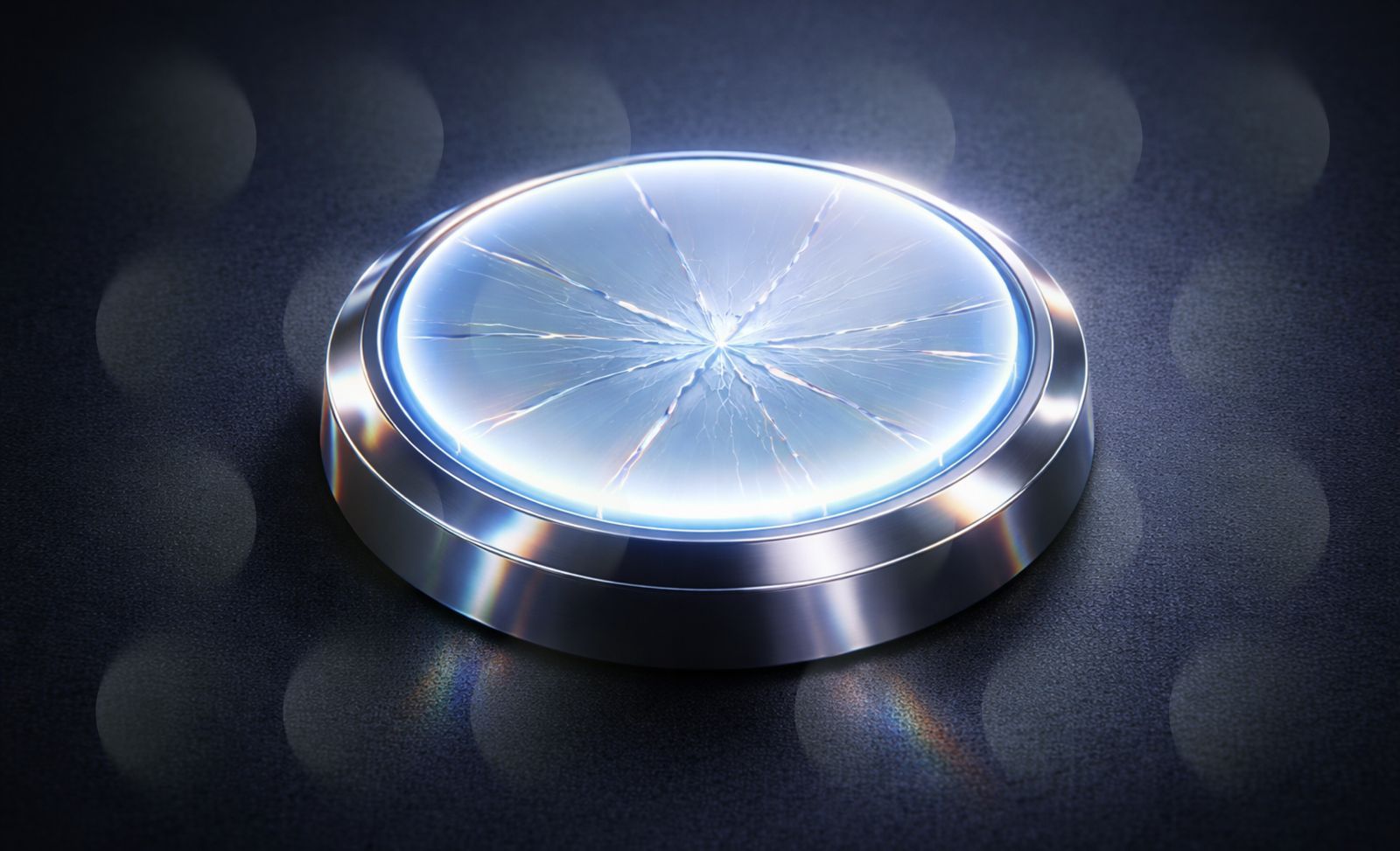 “Cracked circular glass button with a glowing blue light, set in a metallic frame on a dark textured background.”