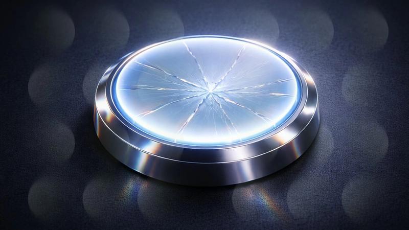 “Cracked circular glass button with a glowing blue light, set in a metallic frame on a dark textured background.”