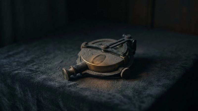 A dusty, brass navigational instrument with a visible fingerprint lies on a dark, textured surface, suggesting an old, mysterious setting.