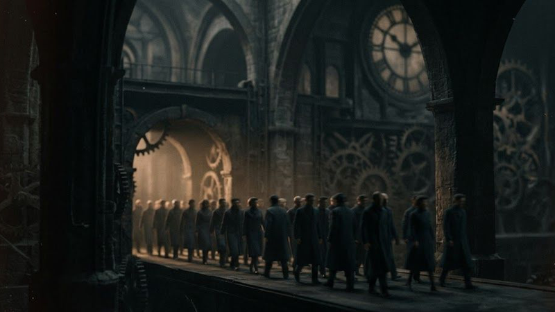 A dark, minimalist scene showing a glowing, arched doorway with a shadowy figure standing inside, partially reflected on a glossy floor, creating a mysterious and atmospheric mood.